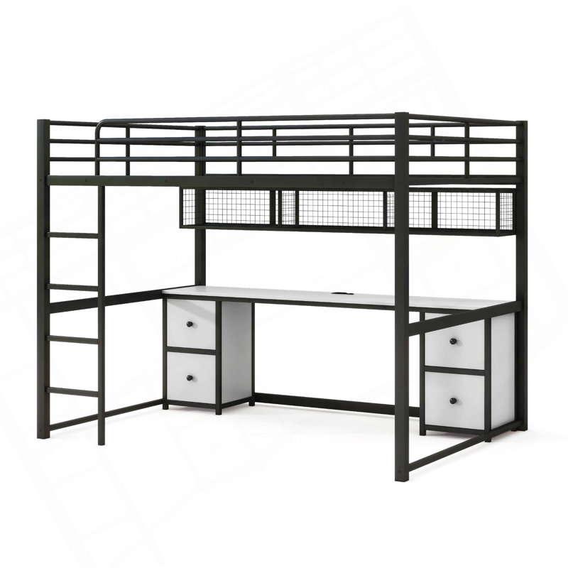 Lit mezzanine en métal avec bureau, tiroirs et plateau de chevet, station de charge, prise USB et prise, Noir