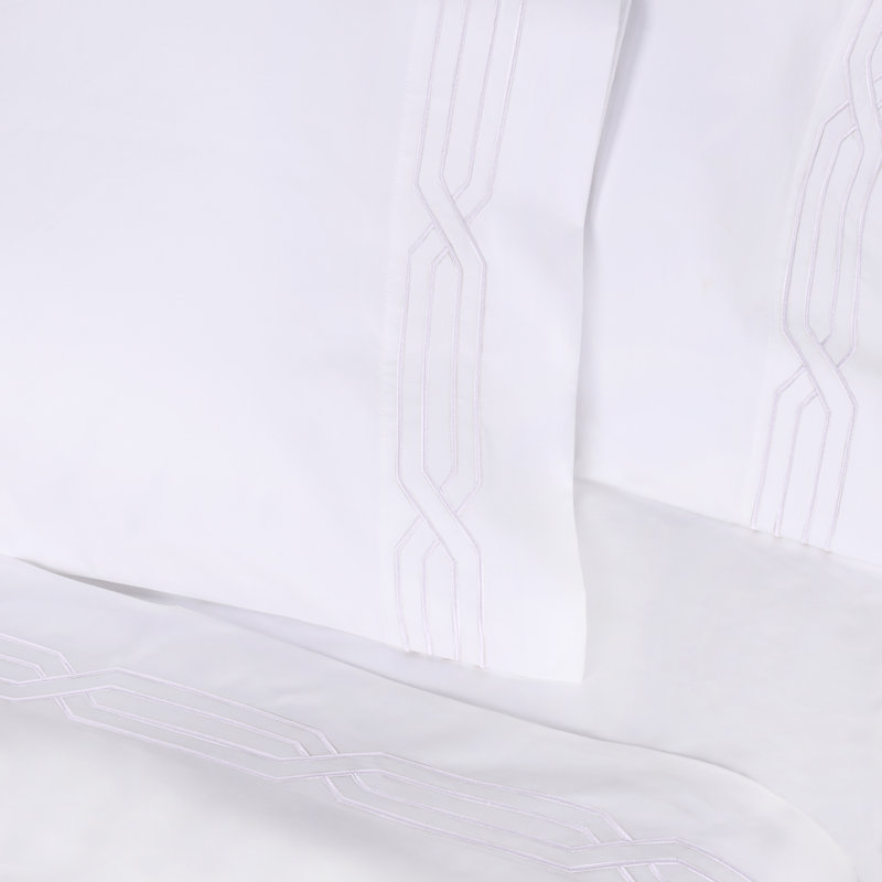 Ensemble de draps 100% coton 1200 fils à broderie géométrique 1200 fils, Très grand, Blanc