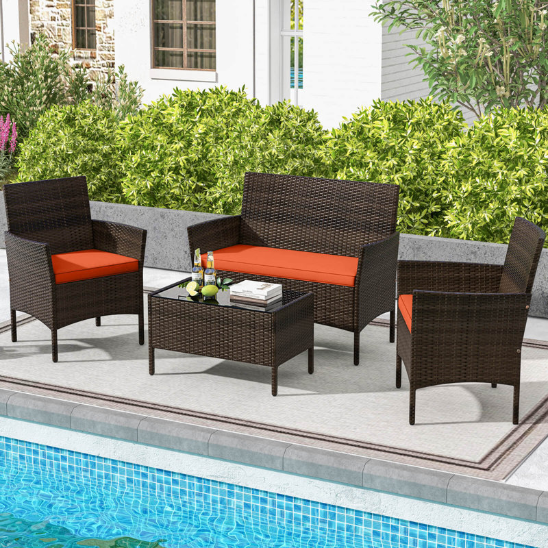 4 Pcs Patio Furniture Set With Washable Cushions And Tempered Glass Coffee Table, Orange