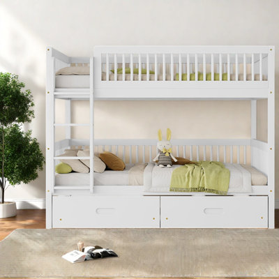 Lit convertible simple au-dessus de lits simples avec tiroirs de rangement, chambre moderne rustique en bois de pin