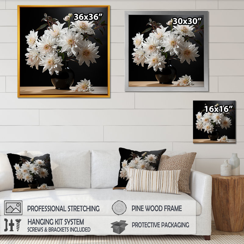 Reproduction d'art sur toile, "Chrysanthèmes noir et blanc", Cadre simple noir, H 24 po x l 24 po x P 1 po