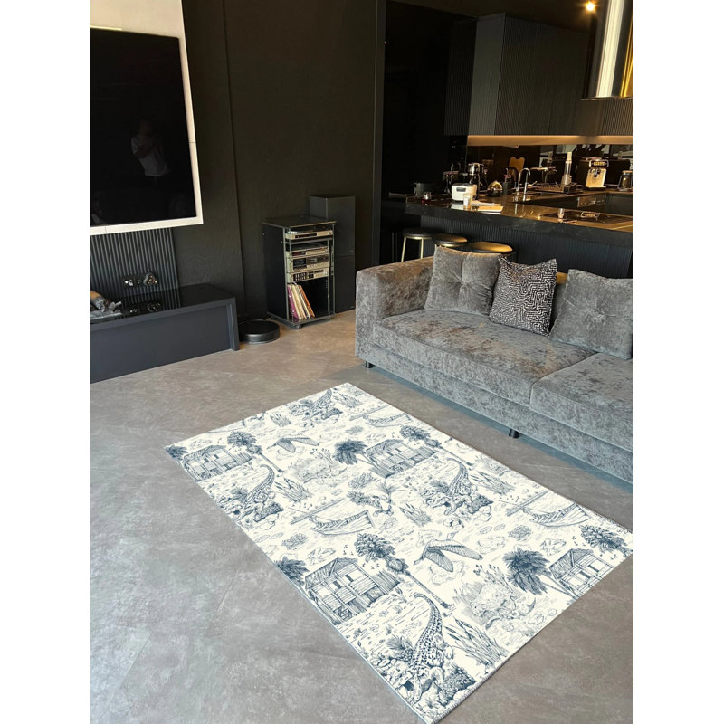 Tapis intérieur / extérieur bleu marine en polypropylène tissé à la machine Sassan, Rectangle 4 pi 4 po x 6 pi 3 po