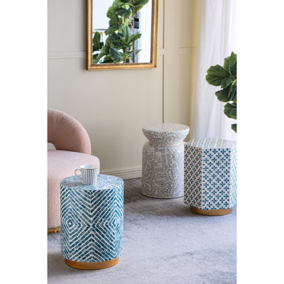 Blue And White - Ornamented 14x14x18" Round Accent Stool, Gold Base For Plant Stand 14x14x18 Inches Stool With Diamond Shaped Design, Pedestal