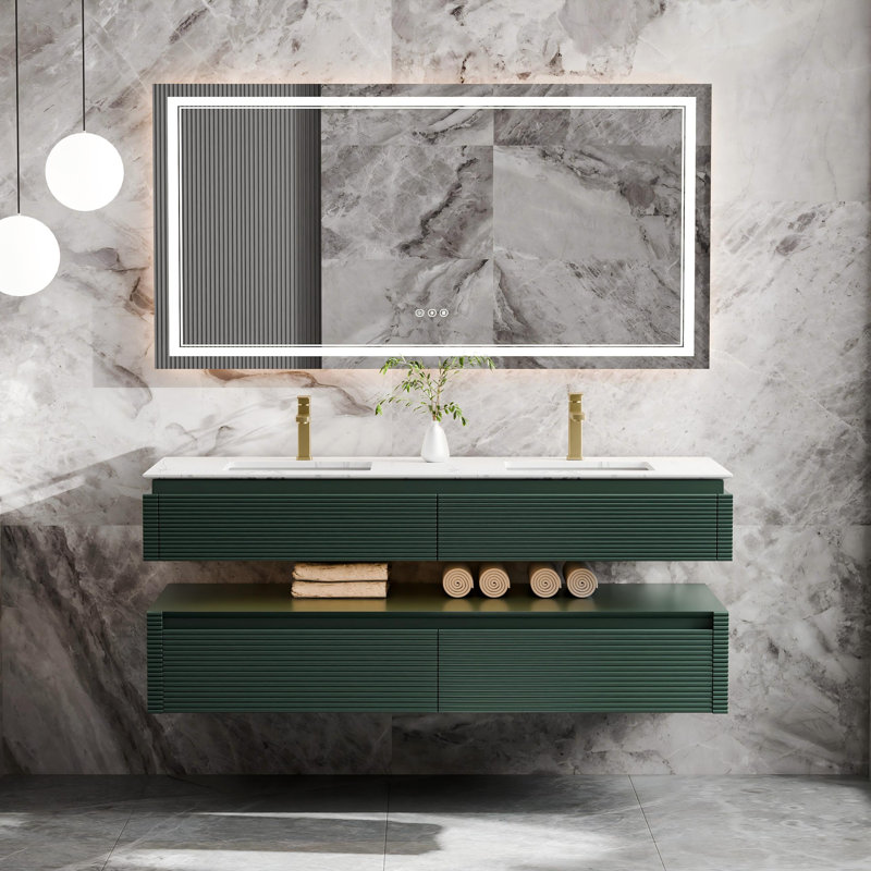 Ensemble de meuble-lavabo double 60 po avec dessus en pierre reconstituée, deux lavabos CUPC, tiroirs à fermeture en douceur et veilleuse intégrée - finition verte Gucci