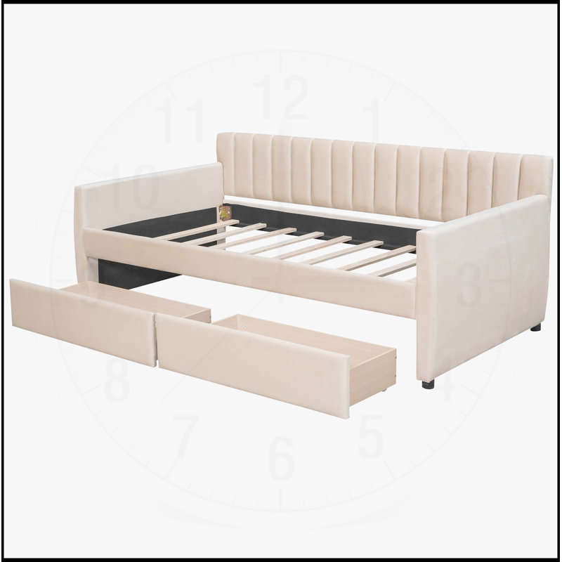 Upholstered Daybed with Drawers, Wood Slat Support, and Elegant  for Versatile Home Use, Beige, Twin