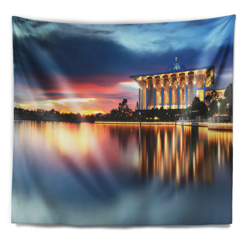 Tapisserie panorama en fer mosque malaisie en fer de polyester avec accessoires suspendus inclus, H 68 po x l 80 po