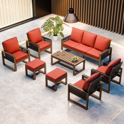 8-Piece Patio Sofa Seating Group Cedar Wood Frame Brown Wicker with Cushion, Coffee Table, Ottomans