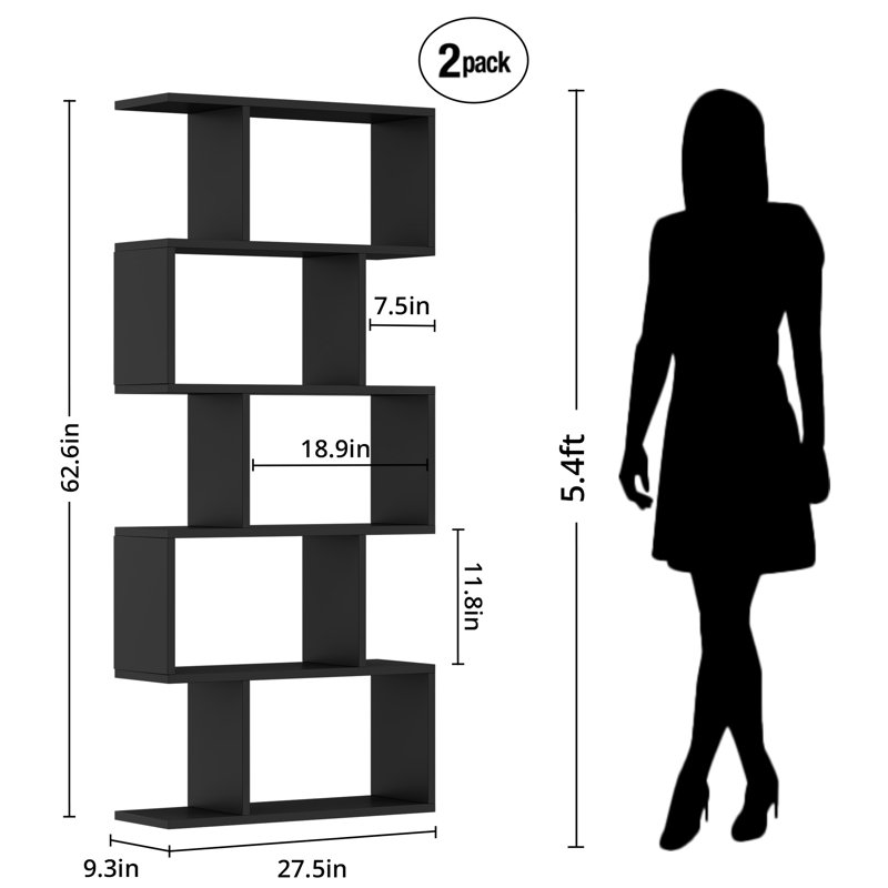 5-tier Geometric Bookcase, S-shaped Modern Bookshelf Set Of 2, 62.6" Tall Room Divider Book Shelf, Decorative Display Shelf