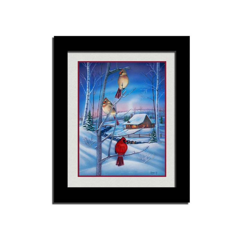 «Winter's Eve Cardinals» par Robert Andrea, Papier encadré dans un cadre noir, Oui, H 12 po x l 16 po x P 2 po