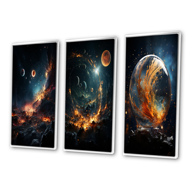 «Galaxies Planets», 3 pièces sur toile, H 20 po x l 36 po, Cadre blanc