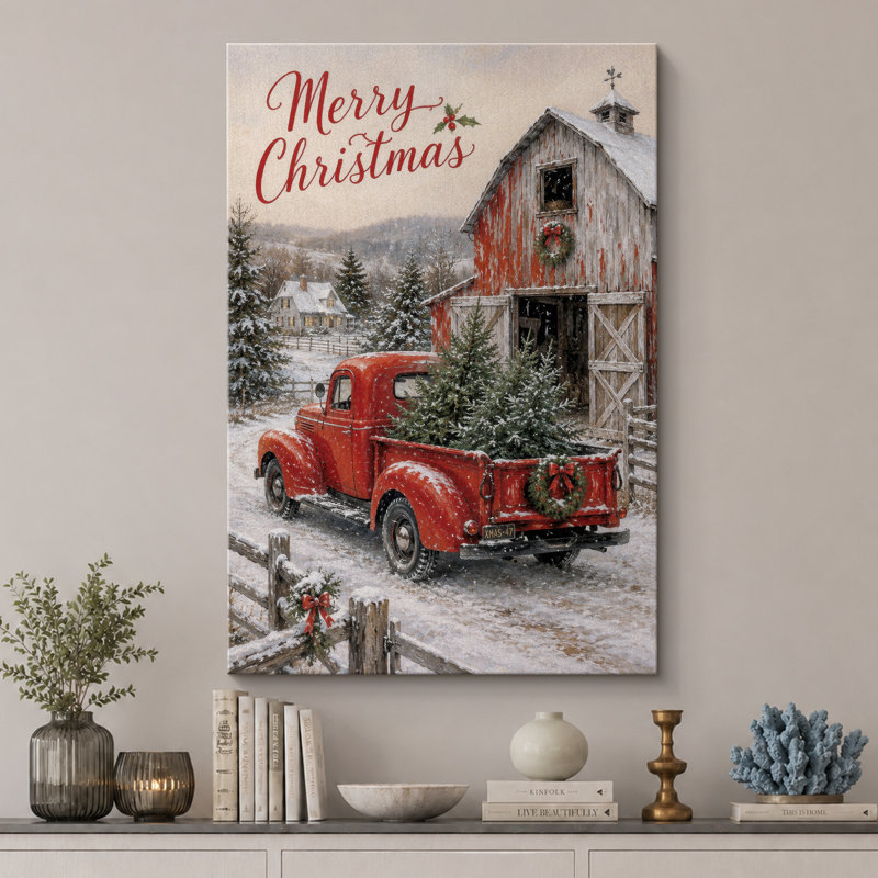 «Merry Christmas Red Truck Holiday», art de salon, impression sur toile encadrée, H 18 po x l 12 po x P 1,5 po, Toile tendue