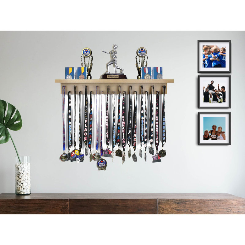 Chanyah -  2' Trophy Shelf and Medal Hanger Display, Walnut