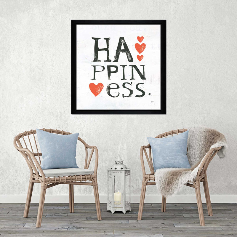 «Happiness», art textuel, H 25,5 po x l 25,5 po x P 1 po, Cadre noir