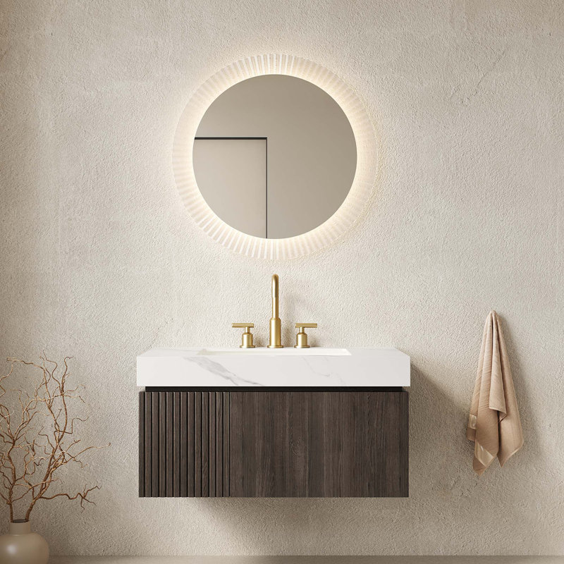 Meuble-lavabo flottant avec plateau en pierre frittée et armoire pré-assemblée, Espresso, 36", Blanc de Carrare