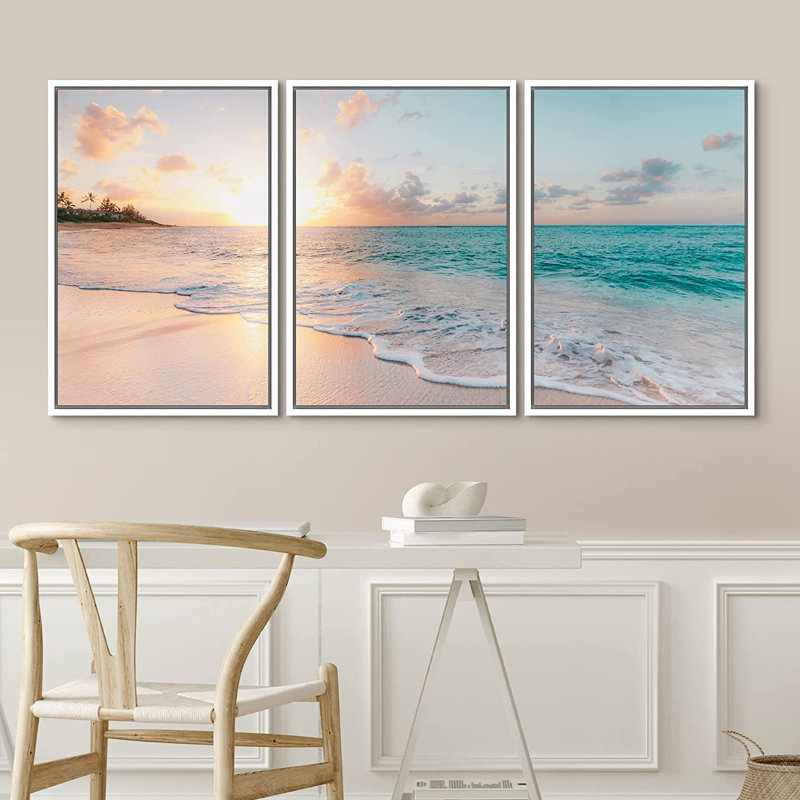 'Paradise' - 3 Piece Floter Frame Print Set on Canvas, White Framed, 36" H x 72" W x 1.5" D