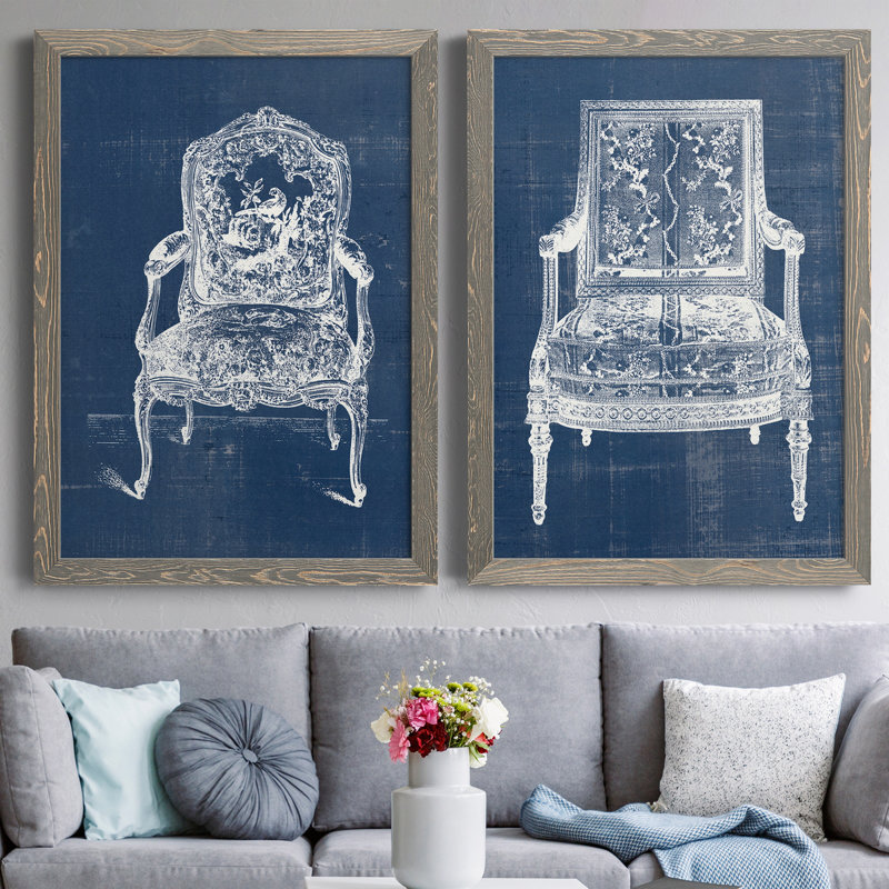 Antique Chair Blueprint V - ensemble de 2 impressions sur toile encadrées, H 23,5 po x l 31,5 x P 0,75 po, Gris