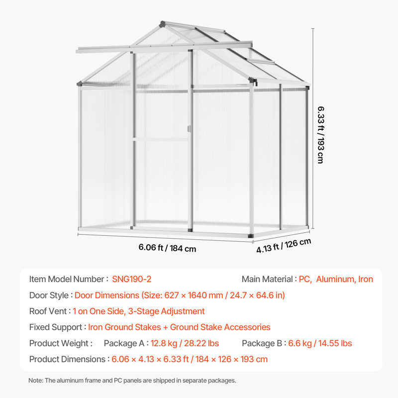 Serre en polycarbonate, 1,8 x 1,2 m, ensemble de grande serre en aluminium pour jardin, serre extérieure avec fenêtres d'aération réglables, serre de style pavillon avec porte coulissante