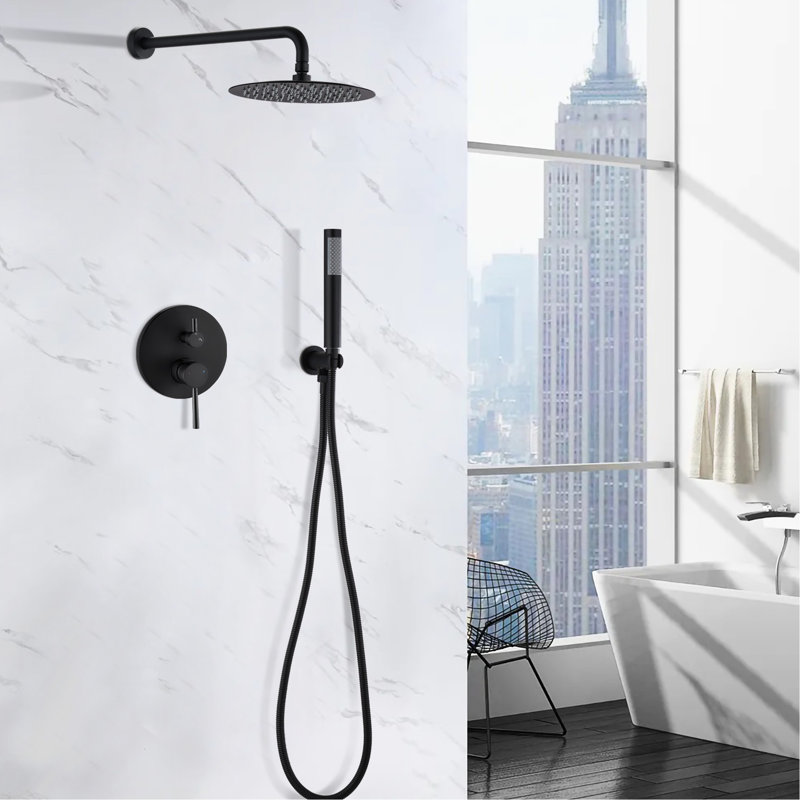 Matt Black Wall Mounted Shower With 10" Rain & Handheld Heads. Balance Valve, Skid Handle. 360 Rotatable. . 1.8 Gpm Flow. Swivel Spout. Compatible American Plumbing