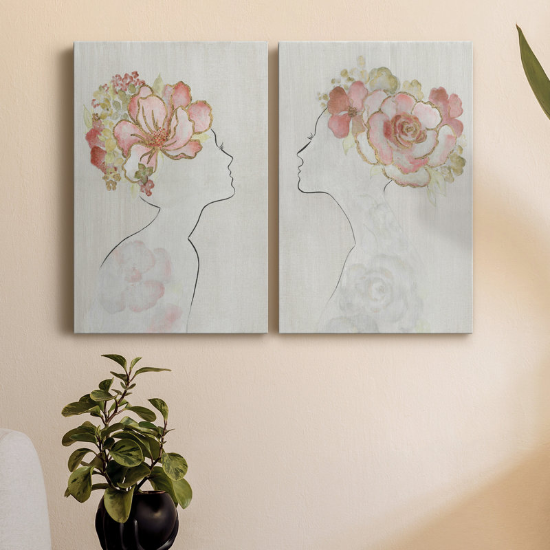 Fashion Floral Silhouette I - Ensemble de 2 peintures sur toiles, H 18 po x l 24 po x P 1 po, Toile tendue