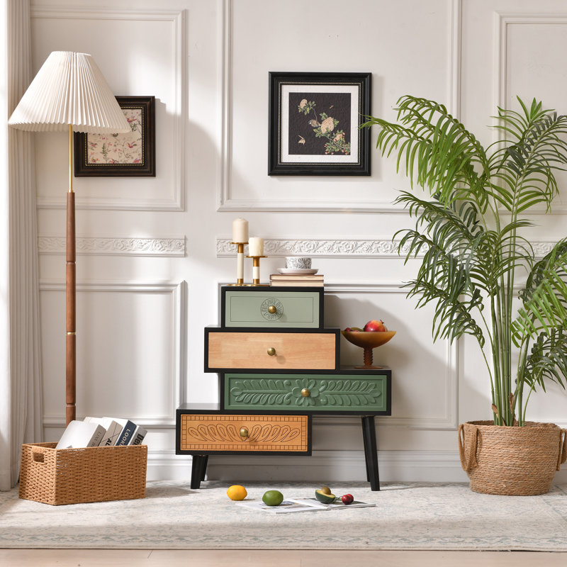 Petite commode décorative en bois naturel rustique à 4 tiroirs Cayden Farmhouse, Noir