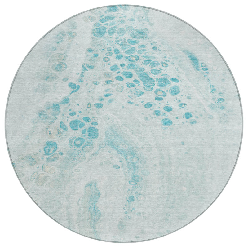 Machine Washable Indoor/Outdoor Xhevrie Teal Rug, Round 8'