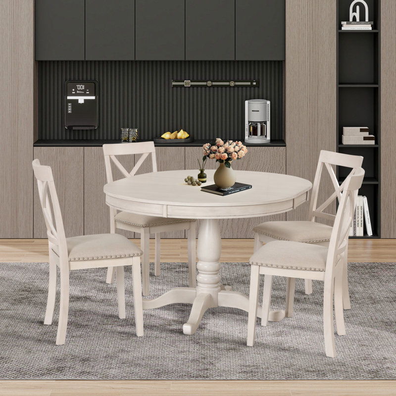 Kawliga 5-Piece Dining Table Set, Two-Size Round To Oval Extendable Wood Dining Table and 4 Upholstered Dining Chairs