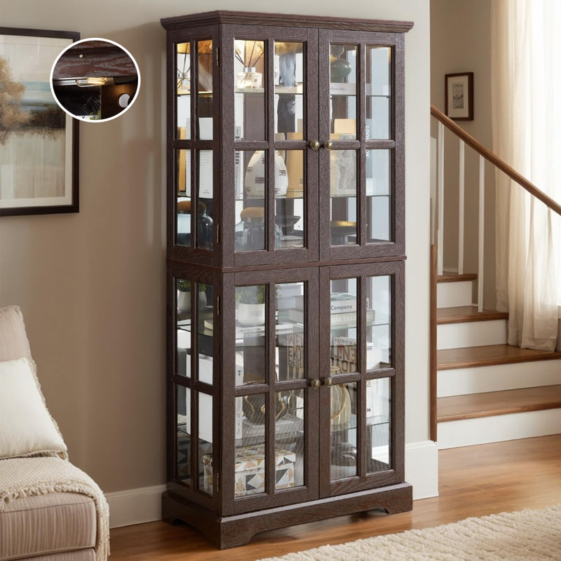  Lighted Display Curio Cabinet, 69" Wood China Display Case with Glass Doors & Adjustable Shelves, Light Bulb Included, Freestanding Tall Wine Storage Rack for Bar and Liquor Storage, Living Room