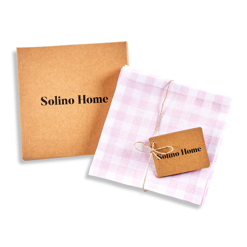Gingham Check - 100% Pure Linen Cocktail Napkins , Marshmellow Pink