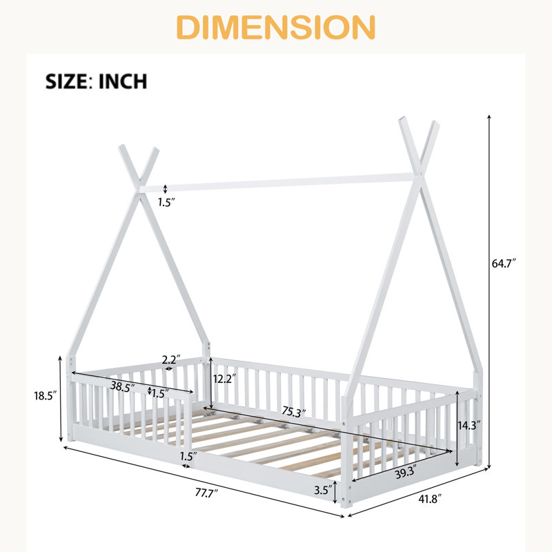 Twin Size Wood House Bed With Fence, White