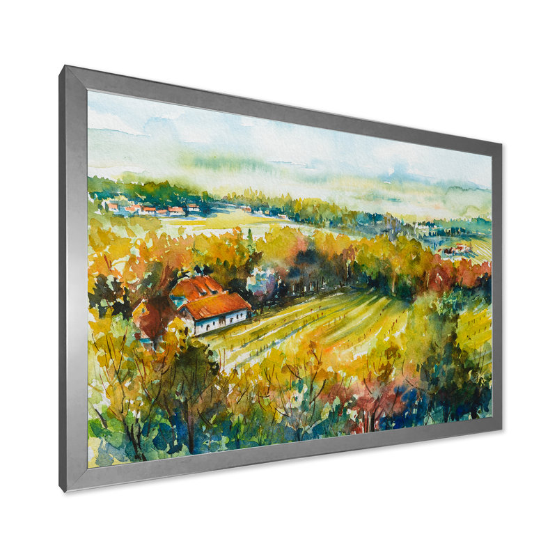 Paysage d'automne champêtre - Peinture sur toile, H 24 po x l 32 po x 1,5 po, Toile encadrée argentée