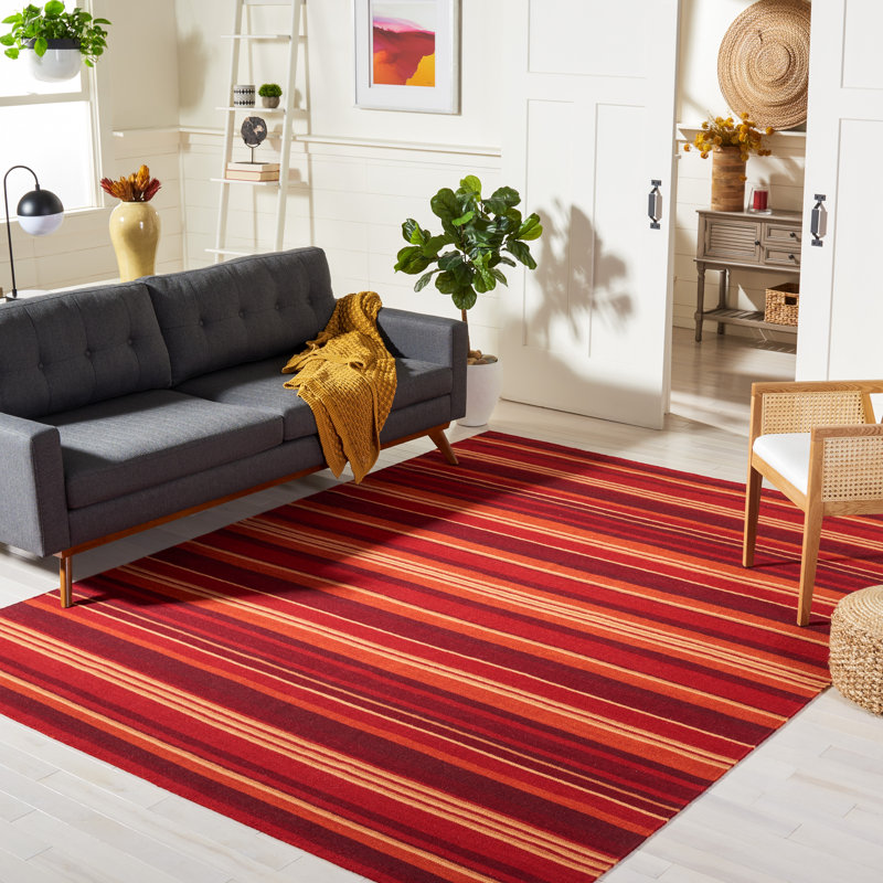 Kalaiya Hand Loomed Wool/Cotton Striped Rug in Red, Rectangle 9' x 12'