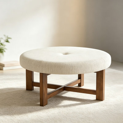 Round Upholstered Ottoman Coffee Table, Button Tufted Design, Durable Faux Leather & Rubber Wood, Multi-use Footstool for Living Space,Beige,Natural
