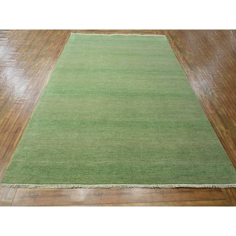 Tapis vert menthe poivrée 8 pi 1 po x 10 pi 3 po, noué à la main, tissage dense, ton sur ton, sans bordure, laine et soie, luxuriant et moelleux, tapis oriental