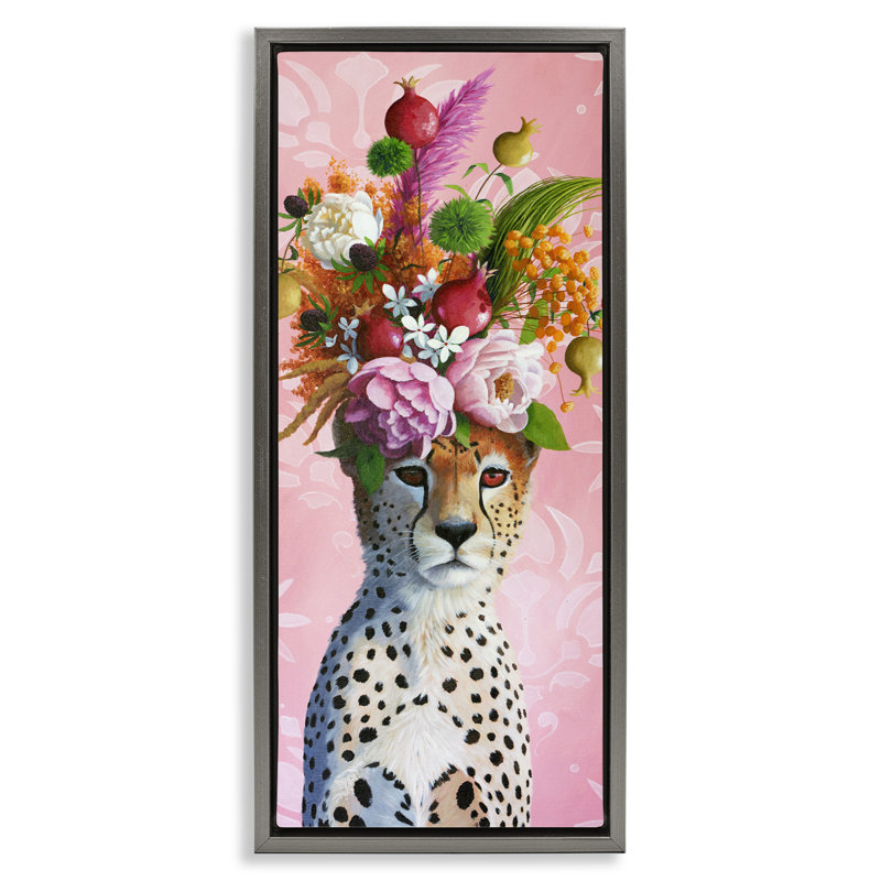 Cadre flottant Serious Cheetah & Florals, design par Heather Gauthier, Cadre flottant gris lustré, H 31 po x l 15 po