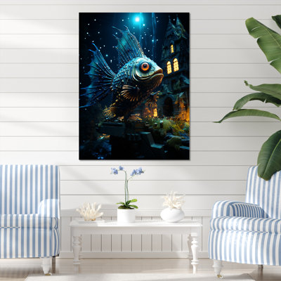 Papillon poisson jaune et bleu Wonderland II - art mural poisson papillon