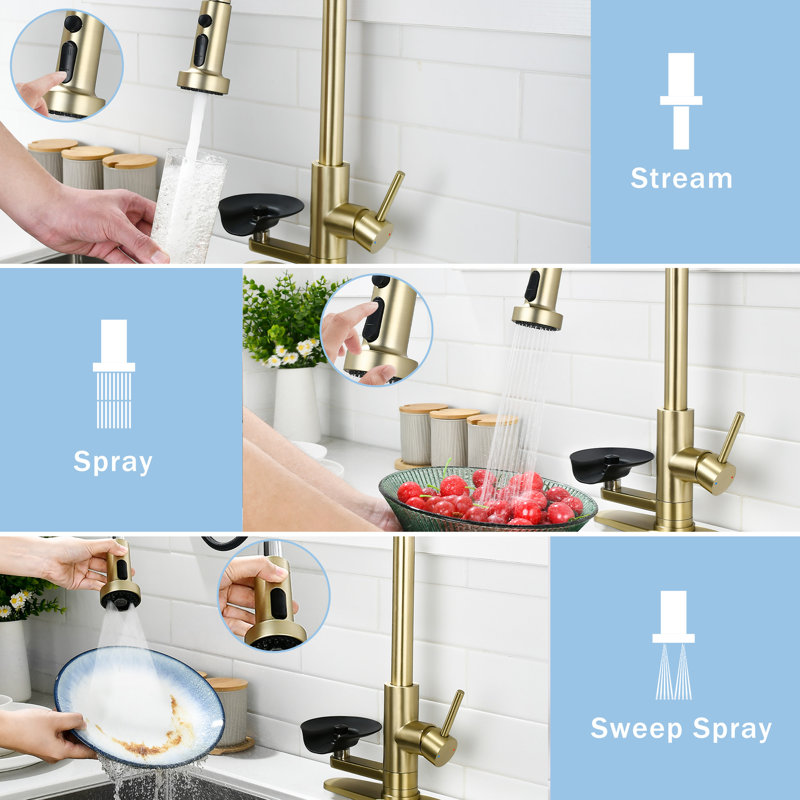 3-in-1 Kitchen Faucet with Press-Type Glass Rinser, Universal for 1 & 3 Holes, High-Arc Pull-Down Sprayer with 3 Function Spray Mode, Brushed Gold Finish