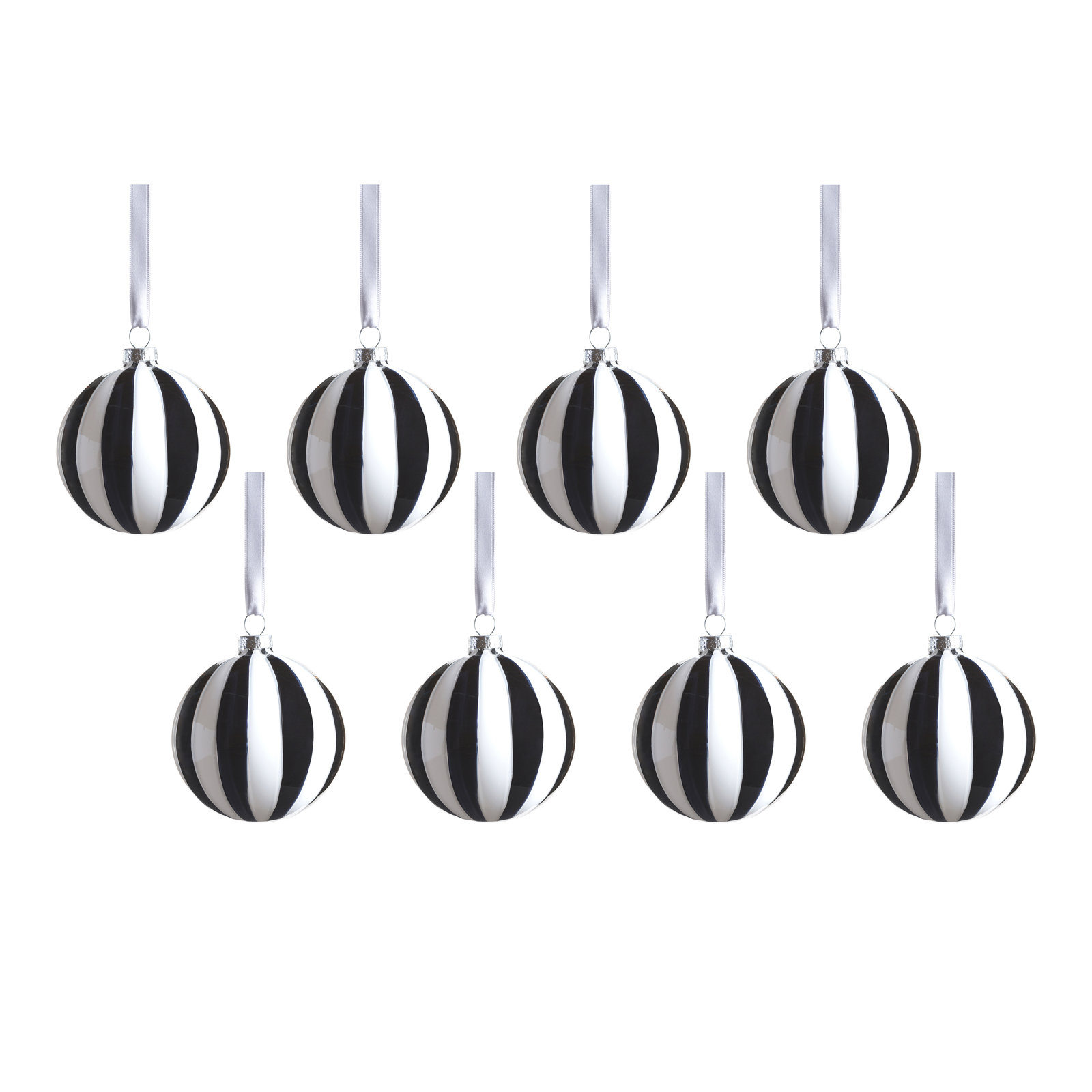 Monochrome Stripe 8-Piece Glass Ornament Set, Ball, 3.25" H x 3.25" W x 3.25" D