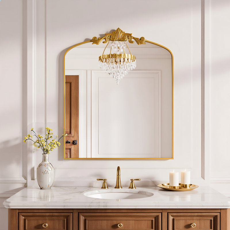 Arch Mirror Vintage Wall Mirror Decor With Alumium Alloy Frame, Traditional Baroque Bathroom Mirror For Wall, Tempered Glass