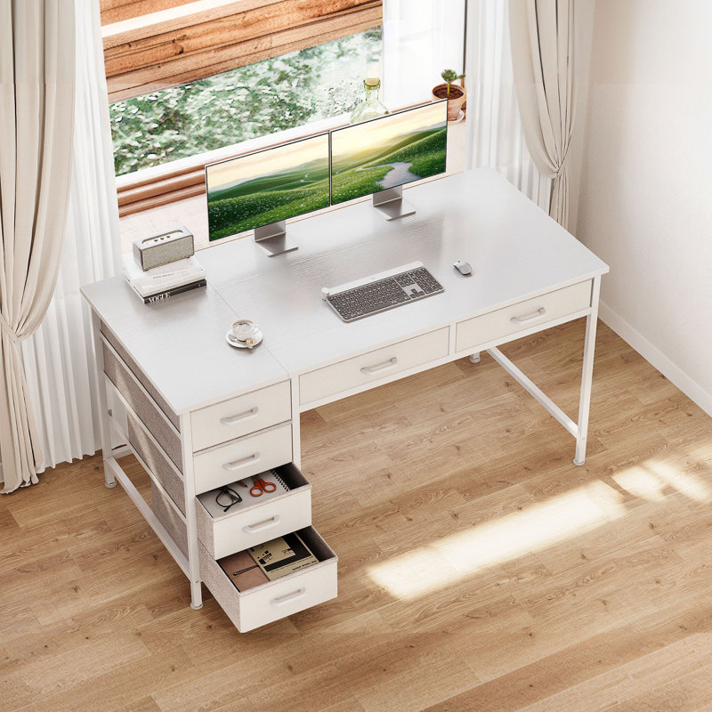 Writing Desk With 6 Fabric Drawers,Home Office Desk With Reversible Design,Modern Corner Desk With Solid Structure, White