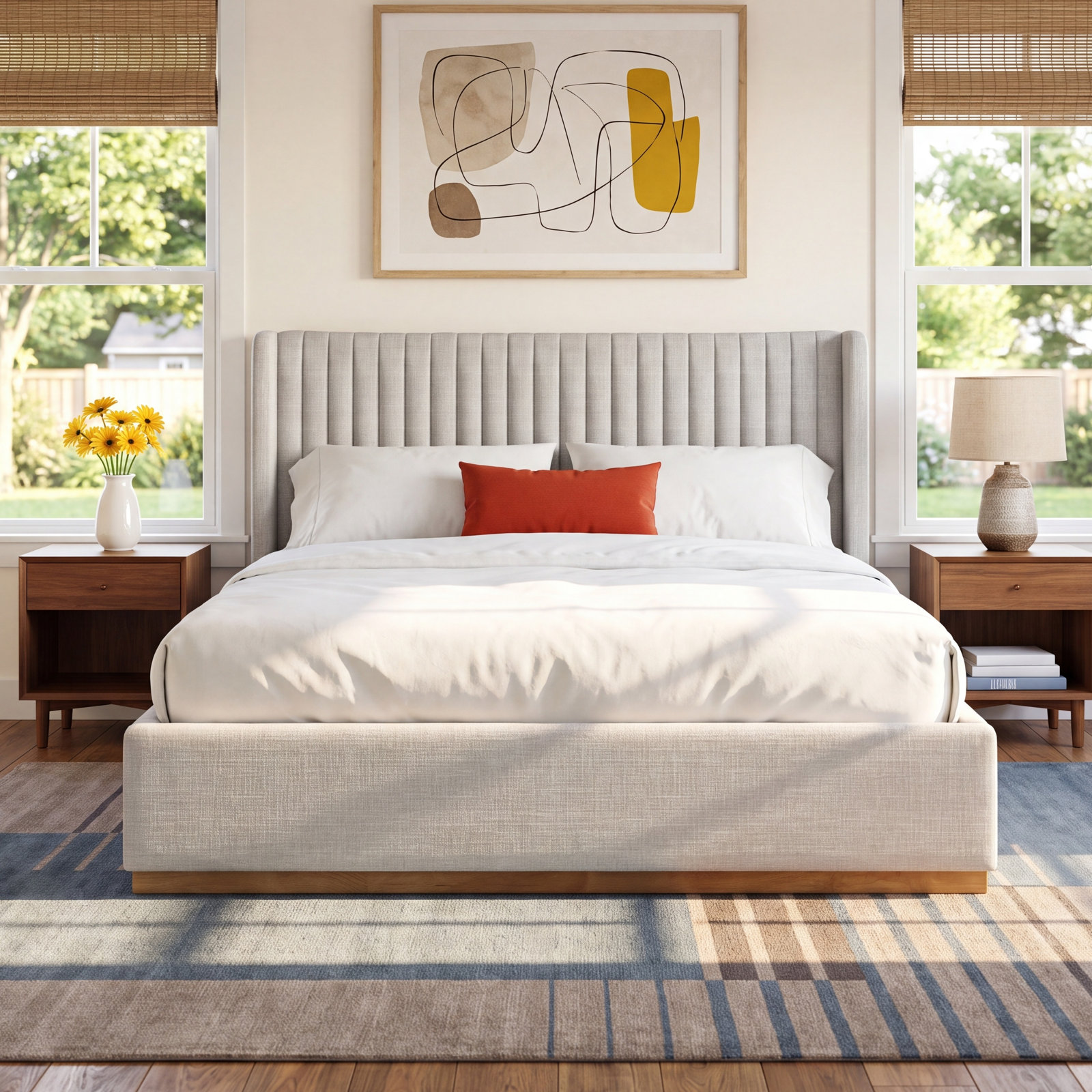 Chamblis Linen Upholstered Bed, Cream Linen Textured Fabric, King