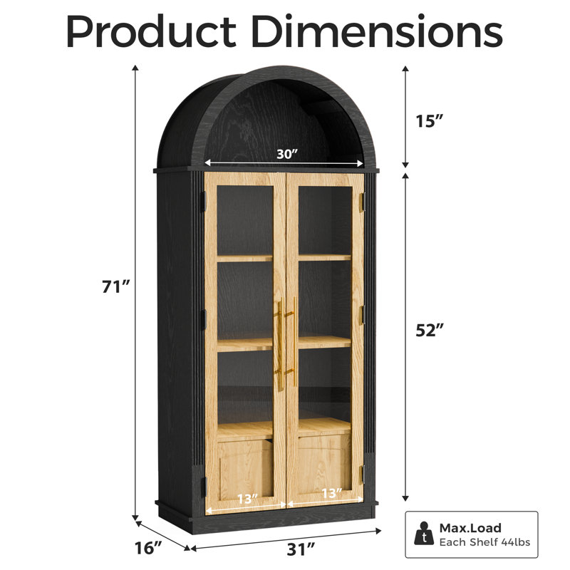 Armoire de rangement arquée de 71 po de hauteur avec portes en verre, tiroir et poignées en métal, vitrine rétro moderne pour le salon, la cuisine ou la chambre à coucher