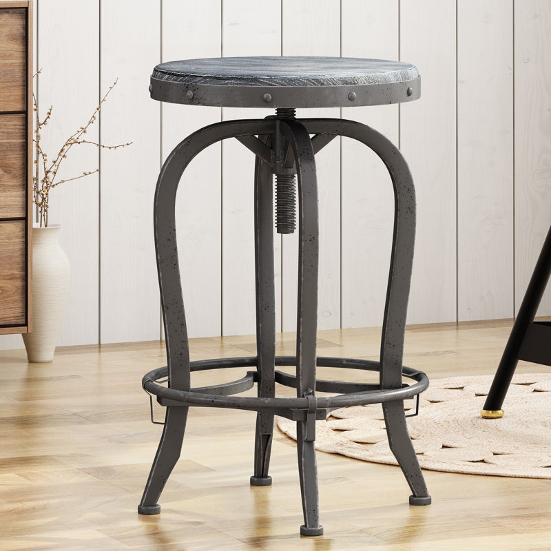 Adjustable Height Counter Stool with Metal Frame, Gray Brass/Distressed Brushed Gray, 1