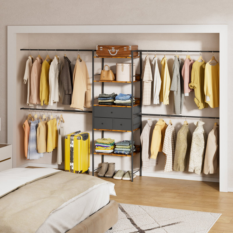 Sheamus 74.8" Adjustable Wall Mounted Clothes Rack with 3 Drawers,Walk In Closet Organizer System