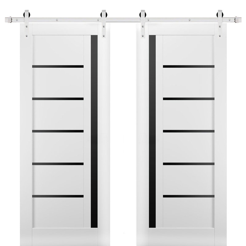 Porte de grange double robuste avec rail Quadro 4588 blanc soie et vitrage noir, supports de rail de 4 m (13 pi), portes intérieures à panneaux pleins et lourds - 183 cm x 213 cm (72 po x 84 po) (2 x 91 cm x 84 po) - Rail argenté - Vitrage noir