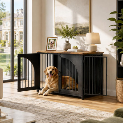 Cage de style meuble pour chiens moyens et grands, niche intérieure avec porte cintrée verrouillable, cadre renforcé en tubes de fer de 16×16 mm et panneaux en MDF faciles à nettoyer