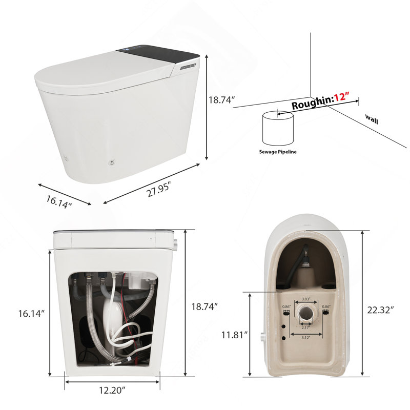 Tankless Smart Toilet With Bidet Built In, Auto Open & Close, Wider Bidet With Heated Seat, Warm Water And Dry, Foot Sensor, LED Display, Remote Control, White