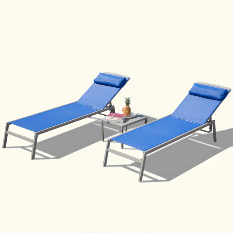 Patio Chaise Lounge Set Of 3, Aluminum Lounge Chairs With 5 Adjustable Positions, Outdoor Chaise Lounge For Pool, Deck, Garden, Backyard, Sunbathing ( Lounge Chairs+1 Table)