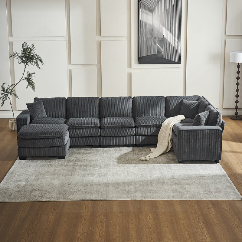 Canapé modulaire moderne en U à 6 places avec un repose-pieds et trois coussins décoratifs, Velours côtelé gris