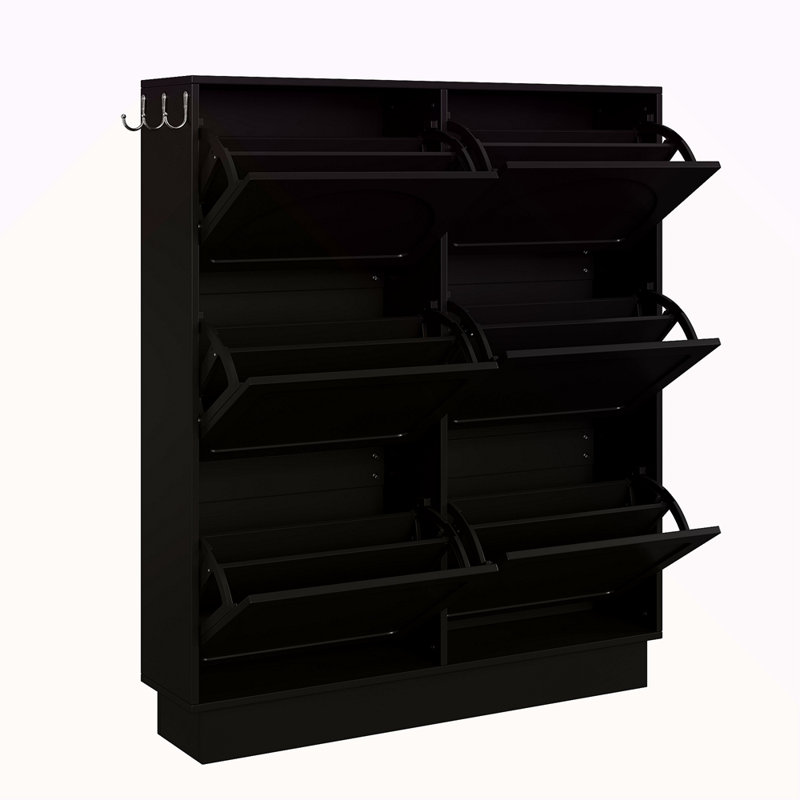 Armoire à chaussures moderne basculante avec 6 tiroirs rabattables, tablette réglable, étagère à chaussures autoportante avec 3 crochets argentés