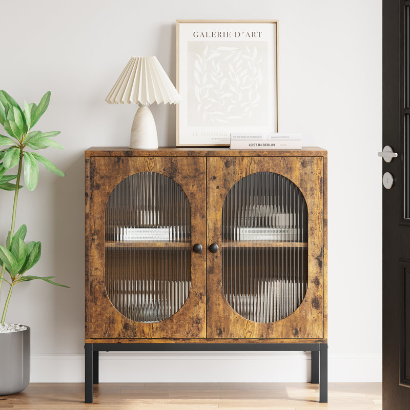 Wooden Sideboard Buffet Cabinet with Natural Rattan Doors and Solid Metal Feet